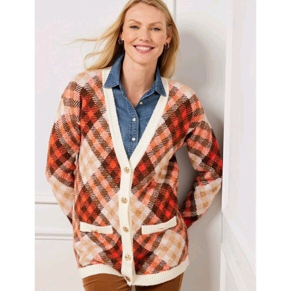 TALBOTS Ivory Brown Orange Argyle Gold Buttons Classic Soft Cardigan Plus SZ 2X - Picture 1 of 11